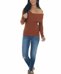 Lush Clothing Spice Long Sleeve One Shoulder Ribbed Knit Top Tops