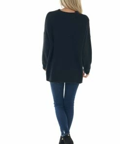 Davi & Dani Tops Black Lace V Neck Long Sleeve Ribbed Sweater