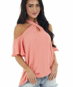 143 Story Tops Coral Cold Shoulder Blouse With Criss Cross Halter Neck