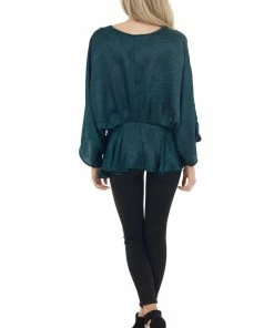 Caramela Forest Green Satin Flowy Drop Waist Blouse With V Neckline Tops