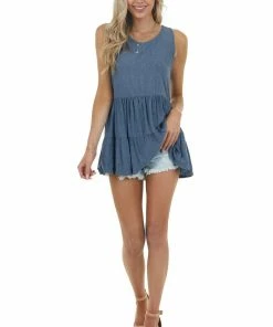 Staccato Tops Denim Blue Sleeveless Ribbed Knit Tiered Drop Waist Top