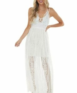 Entro Dresses Ivory Lace Maxi Overlay Sleeveless Dress With Plunging Neck 23 Entro Dresses Ivory Lace Maxi Overlay Sleeveless Dress With Plunging Neck