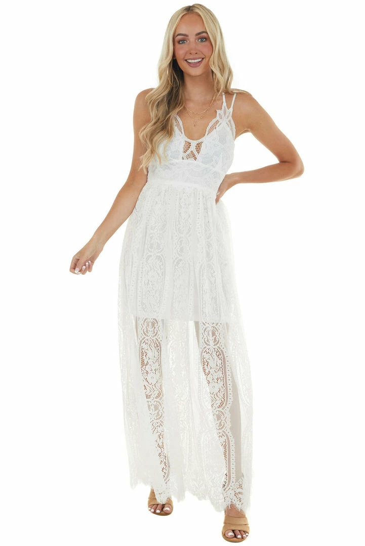 Entro Dresses Ivory Lace Maxi Overlay Sleeveless Dress With Plunging Neck 10 Entro Dresses Ivory Lace Maxi Overlay Sleeveless Dress With Plunging Neck