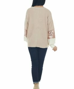 She + Sky Apricot And Ivory Colorblock Sequined Top