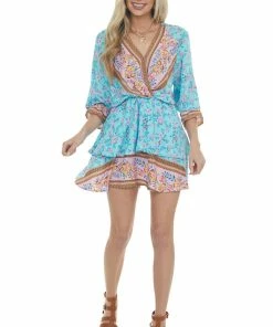 Umgee Dresses Aqua Floral Print Mini Dress With Overlay Detail
