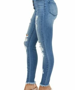KanCan Bottoms Medium Wash High Rise Distressed Skinny Jeans With Fray