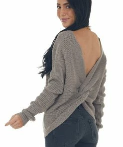 Style Melody Taupe Long Sleeve Knit Sweater With Back Twist Detail