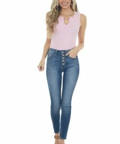 Entro Tops Carnation Ribbed Knit Notch Neck Bodysuit