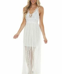 Entro Dresses Ivory Lace Maxi Overlay Sleeveless Dress With Plunging Neck 24 Entro Dresses Ivory Lace Maxi Overlay Sleeveless Dress With Plunging Neck
