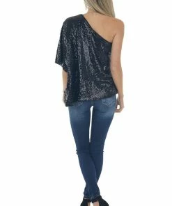 L Love Black Sequined One Shoulder Flowy Blouse