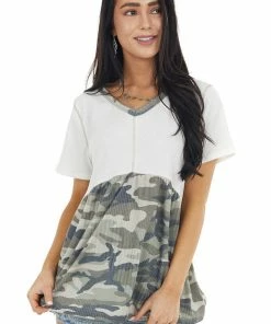 HOPELY Ivory Camo Print Multi Knit Short Sleeve Babydoll Top Tops 23 HOPELY Ivory Camo Print Multi Knit Short Sleeve Babydoll Top Tops