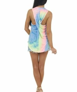 Wanna B Tops Neon Multicolor Tie Dye Tank Top With Twisted Back Detail