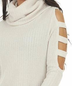 Lovely Melody Oatmeal Ribbed Knit Long Ladder Sleeve Cowl Neck Top Tops