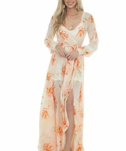 Bighit Fashion Light Peach Floral Print Long Sleeve Sheer Woven Maxi Dress Dresses 26 Bighit Fashion Light Peach Floral Print Long Sleeve Sheer Woven Maxi Dress Dresses