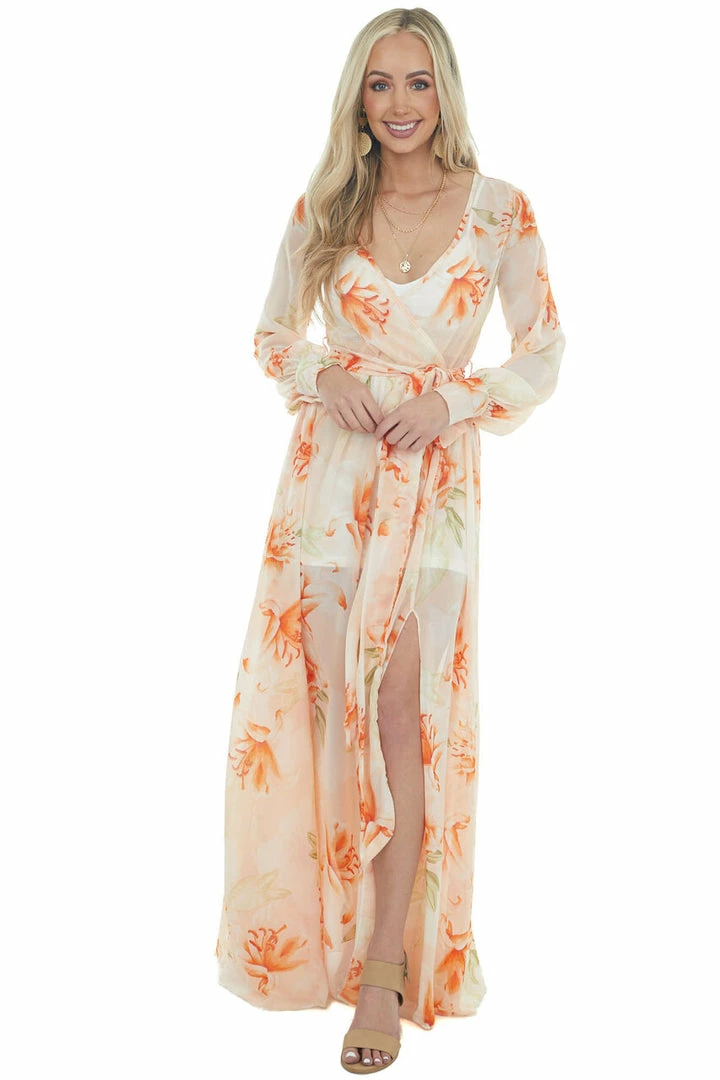 Bighit Fashion Light Peach Floral Print Long Sleeve Sheer Woven Maxi Dress Dresses 11 Bighit Fashion Light Peach Floral Print Long Sleeve Sheer Woven Maxi Dress Dresses
