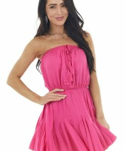 Main Strip Hot Pink Strapless Woven Short Dress With Flowy Ruffle Hem Dresses 29 Main Strip Hot Pink Strapless Woven Short Dress With Flowy Ruffle Hem Dresses