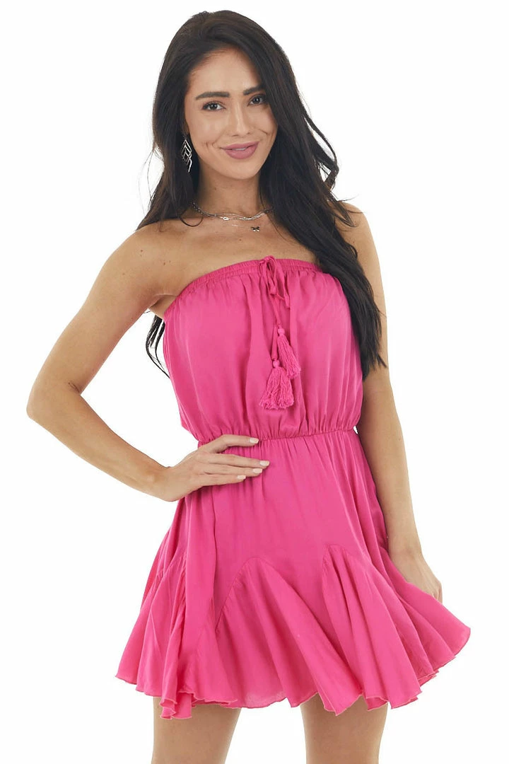 Main Strip Hot Pink Strapless Woven Short Dress With Flowy Ruffle Hem Dresses 12 Main Strip Hot Pink Strapless Woven Short Dress With Flowy Ruffle Hem Dresses