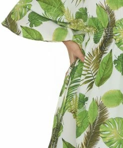 Entro White And Lime Leaf Print Half Sleeve Dress Dresses