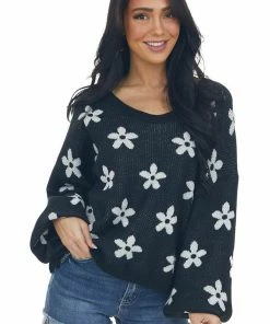 Peach Love Black And Ivory Daisy Print Sweater
