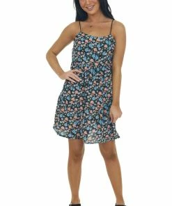 Umgee Black Floral Print Sleeveless Short Dress