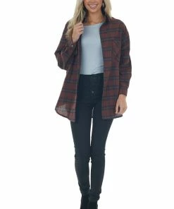 Lime Lush Tops Mahogany Plaid Single Chest Pocket Flannel