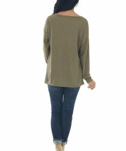 BiBi Olive Notch Neck Chest Pocket Thermal Top Tops