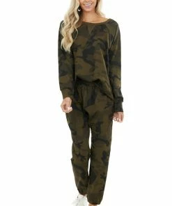 Umgee Olive Camo Print Elastic Cuff Sweatpants With Pockets Bottoms