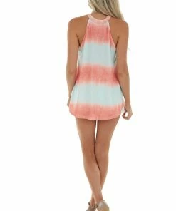 BiBi Mint And Coral Tie Dye Halter Knit Tank Top