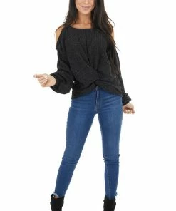 Peach Love Tops Charcoal Two Tone Long Sleeve Knit Top With Cold Shoulders