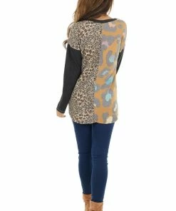 RAE MODE Tops Charcoal Multicolored Leopard Print Long Sleeve Knit Top