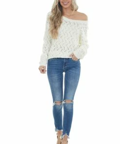 Andree Tops Cream Open Back Pointelle Knit Sweater
