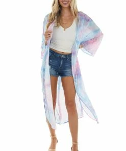 Ninexis Sky Blue Tie Dye Open Front Chiffon Kimono Tops