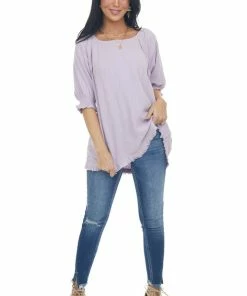 Umgee Lilac Woven Half Bubble Sleeve Top With Frayed Hem Tops