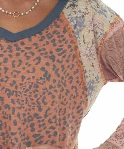 Easel Tops Rust Multiprint Knit Top With Raw Edge Detail