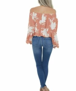 Ces Femme Coral Tropical Floral Print Off Shoulder Top Tops