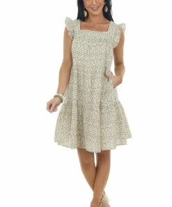 Ces Femme Dresses Cream Ditsy Floral Textured Square Neck Dress