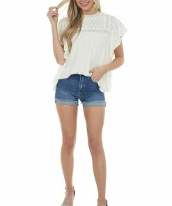 Eesome Tops Ivory High Neck Ruffle Sleeve Yoke Woven Top