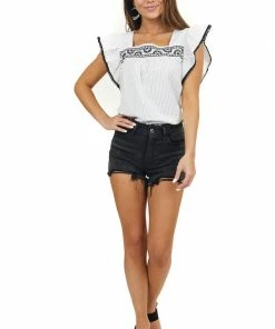 L Love Off White And Black Striped Top With Embroidery Details