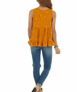 Ces Femme Tops Mango Leaf Print Babydoll Notch Neck Knit Tank