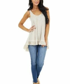 ANGIE Heathered Oatmeal Knit Tank Top With Ruffle Details