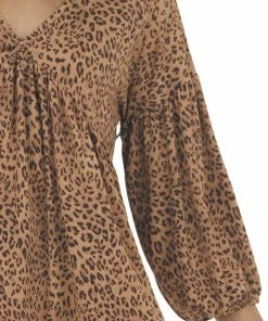 IWT Brands Copper Leopard Print V Neck Babydoll Knit Top Tops