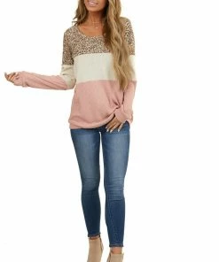 7th Ray Dusty Blush Colorblock Waffle Knit Top With Long Sleeves Tops