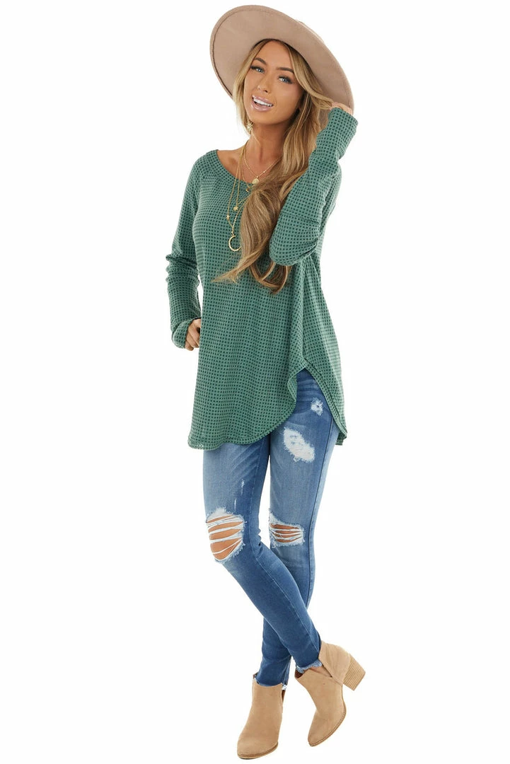 BucketList Tops Forest Green Waffle Knit Long Sleeve Top With Thumb Holes 17 BucketList Tops Forest Green Waffle Knit Long Sleeve Top With Thumb Holes