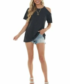 HEIMISH Charcoal Short Sleeve Cold Shoulder Stretchy Knit Top Tops