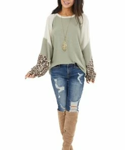 Cotton Bleu Sage And Cream Colorblock Top With Leopard Print Details Tops