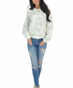 Lush Clothing Sage And Cream Tie Dye Top With Long Drop Shoulder Sleeves Tops
