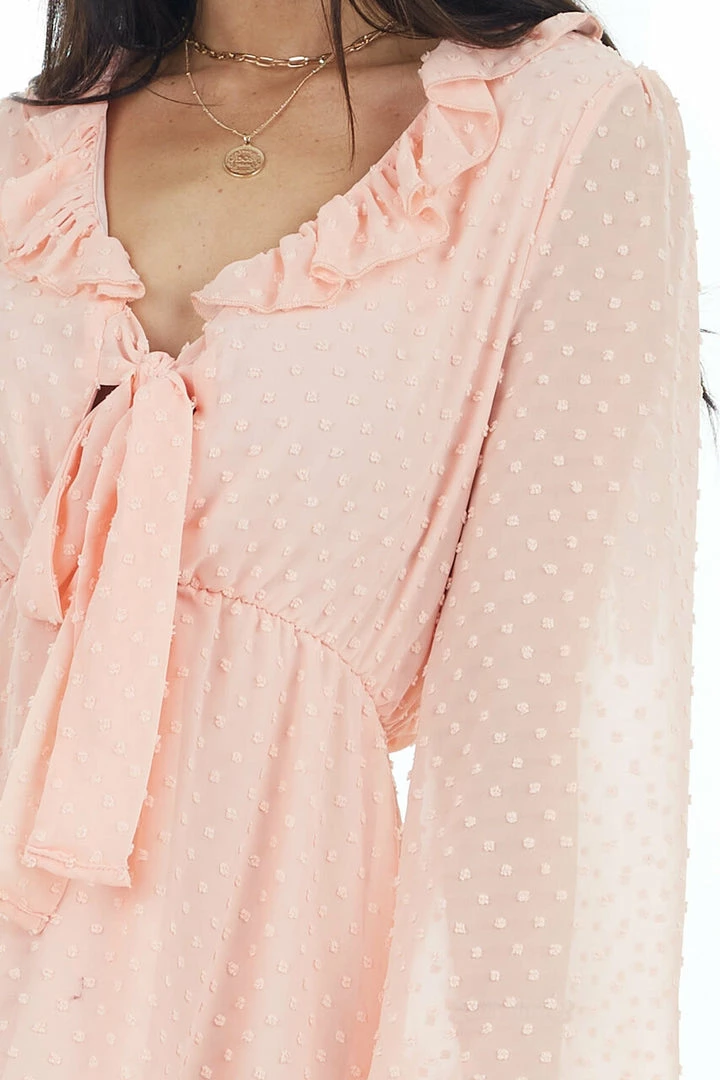 Peach Love Blush Swiss Dot Woven Dress With Front Tie Closure Dresses 13 Peach Love Blush Swiss Dot Woven Dress With Front Tie Closure Dresses