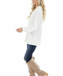 BiBi Tops Ivory Long Sleeve Knit Top With Lace Up V Neck Detail