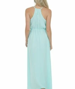 Main Strip Aqua And Peach Sleeveless Maxi Dress With Side Slit Detail