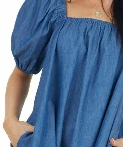 Flying Monkey Medium Wash Short Bubble Sleeve Dress With Square Neckline